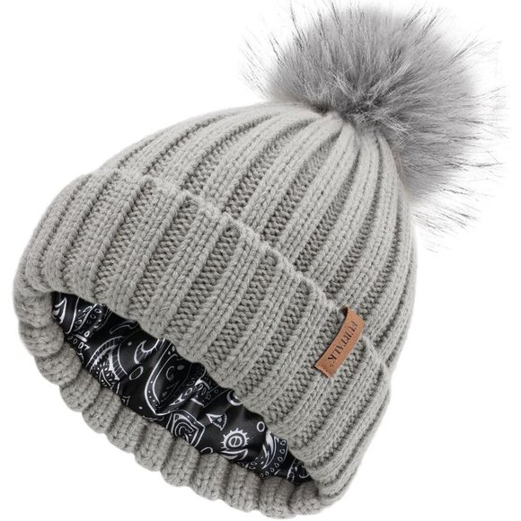 Women\'s Grey Winter Beanie Hat Satin Lined Faux Fur Pom Pom Beanies Hat main image 4